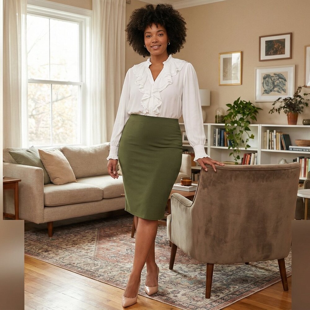 Olive Green Plus Size Midi Pencil Skirt | Stretch Bodycon | Size 2X | 39” Waist